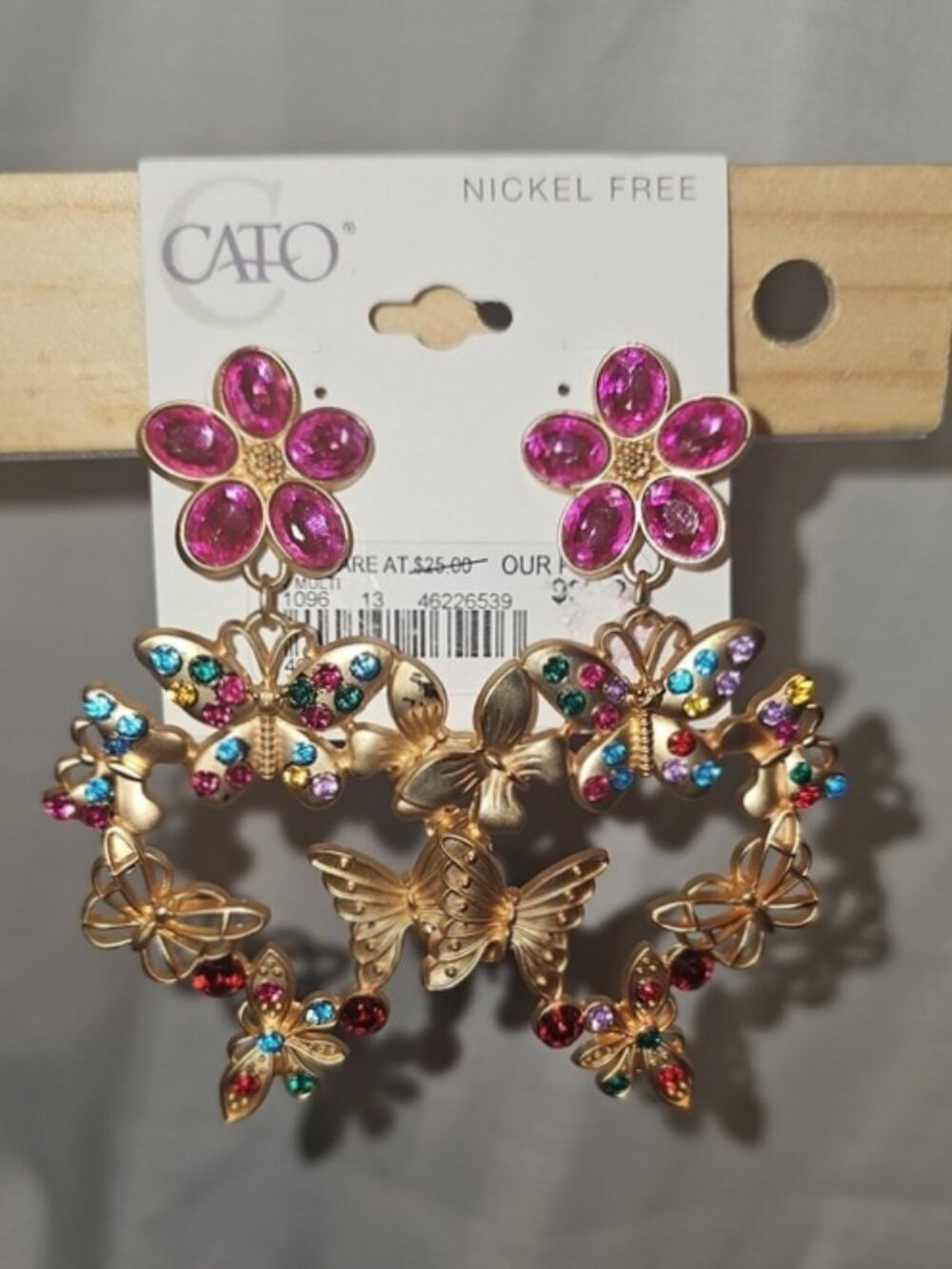 Cato Gold-Tone Multicolor Butterfly & Pink Flower Drop Pierced Earrings New